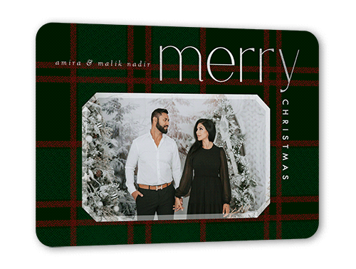 Plaid Elegance Holiday Card, Green, Silver Foil, 5x7 Flat, Christmas, Pearl Shimmer Cardstock, Rounded