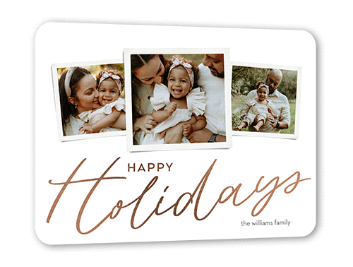 Bold Collage Holiday Card, Rose Gold Foil, White, 5x7 Flat, Holiday, Pearl Shimmer Cardstock, Rounded