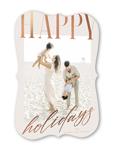 Big And Shiny Holiday Card, Rose Gold Foil, Grey, 5x7 Flat, Holiday, Pearl Shimmer Cardstock, Bracket