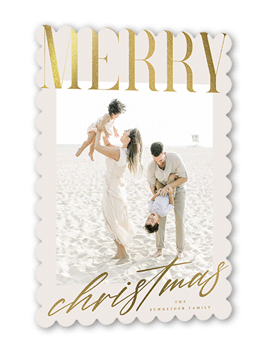 Big And Shiny Holiday Card, Grey, Gold Foil, 5x7 Flat, Christmas, Pearl Shimmer Cardstock, Scallop