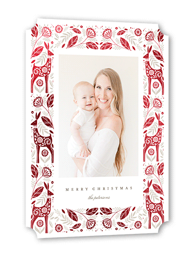 Woodland Border Holiday Card, Red Foil, White, 5x7, Christmas, Pearl Shimmer Cardstock, Ticket