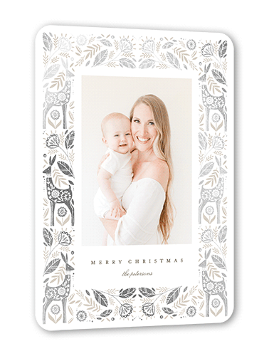 Woodland Border Holiday Card, Silver Foil, White, 5x7 Flat, Christmas, Pearl Shimmer Cardstock, Rounded
