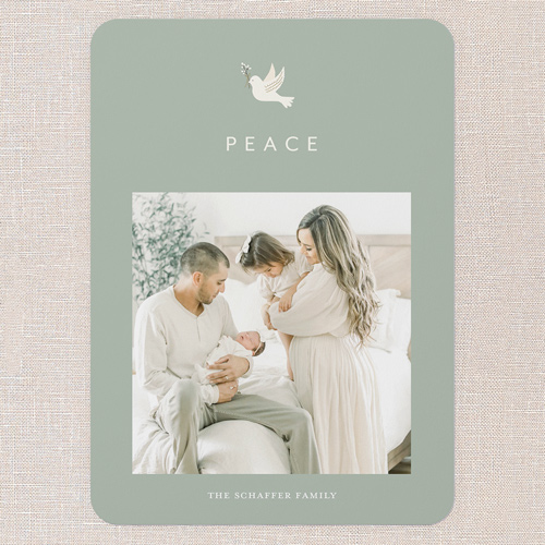 Peaceful Simplicity Holiday Card, Green, 5x7 Flat, Holiday, Pearl Shimmer Cardstock, Rounded, Leafy