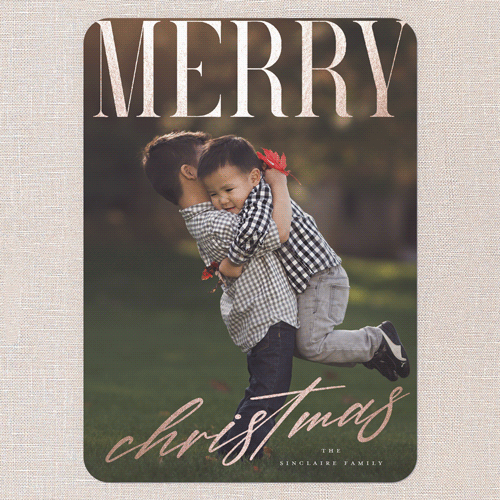 Satin Sentiments Holiday Card, Rose Gold Foil, White, 5x7 Flat, Christmas, Pearl Shimmer Cardstock, Rounded, White