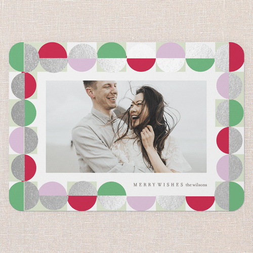 Geometric Garland Holiday Card, White, Silver Foil, 5x7 Flat, Write Your Own, Pearl Shimmer Cardstock, Rounded, White