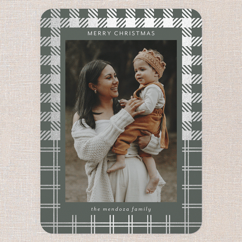 Gift Wrapped Plaid Holiday Card, Silver Foil, Green, 5x7 Flat, Write Your Own, Pearl Shimmer Cardstock, Rounded, Leafy