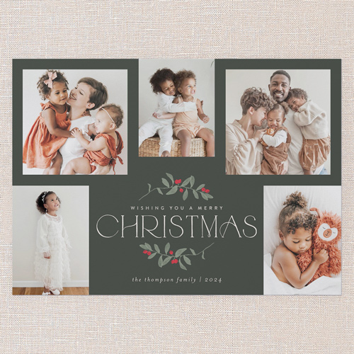 Enclosed Holly Holiday Card, Green, 5x7 Flat, Christmas, Luxe Double-Thick Cardstock, Square
