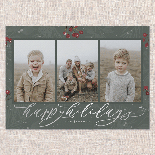 Filigree Festivity Holiday Card, Silver Foil, Green, 5x7 Flat, Holiday, Pearl Shimmer Cardstock, Square, Rosemary