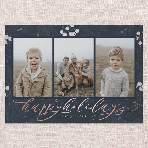 Filigree Festivity Holiday Card, Blue, Rose Gold Foil, 5x7 Flat, Holiday, Pearl Shimmer Cardstock, Square, Navy