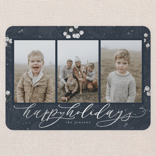 Filigree Festivity Holiday Card, Blue, Silver Foil, 5x7 Flat, Holiday, Matte, Signature Smooth Cardstock, Rounded, Navy