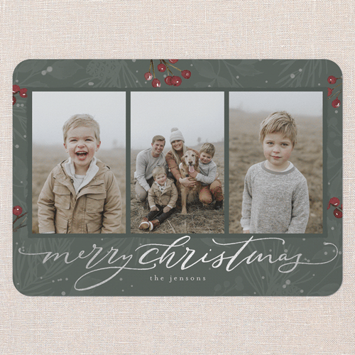 Filigree Festivity Holiday Card, Silver Foil, Green, 5x7 Flat, Christmas, Matte, Signature Smooth Cardstock, Rounded, Rosemary