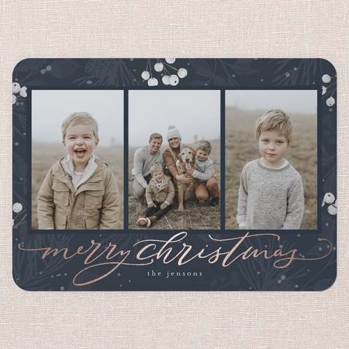 Filigree Festivity Holiday Card, Rose Gold Foil, Blue, 5x7 Flat, Christmas, Matte, Signature Smooth Cardstock, Rounded, Navy