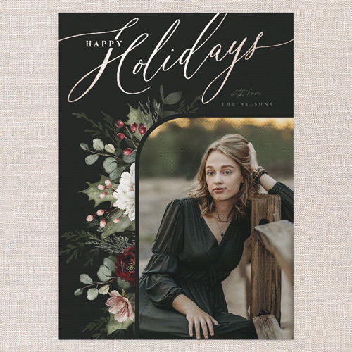 Botanical Elegance Holiday Card, Black, Rose Gold Foil, 5x7 Flat, Holiday, Luxe Double-Thick Cardstock, Square, Black