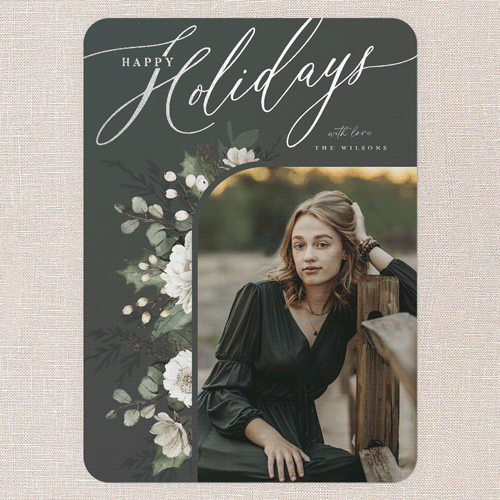 Botanical Elegance Holiday Card, Green, Silver Foil, 5x7 Flat, Holiday, Pearl Shimmer Cardstock, Rounded, Evergreen