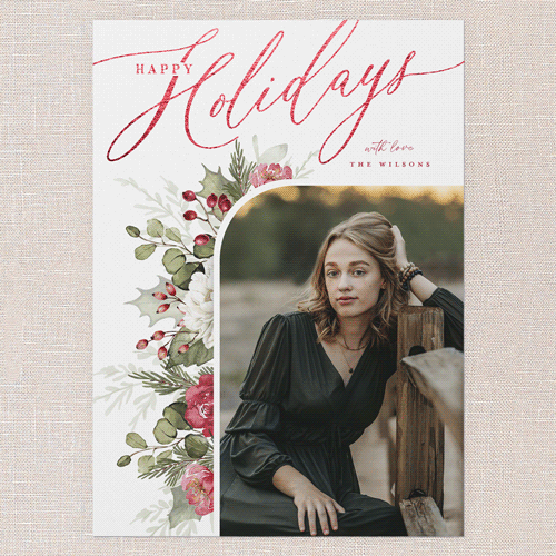 Botanical Elegance Holiday Card, White, Red Foil, 5x7 Flat, Holiday, Luxe Double-Thick Cardstock, Square, White