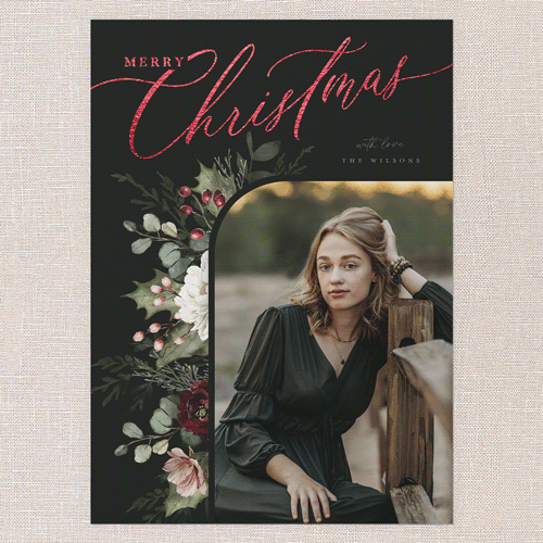 Botanical Elegance Holiday Card, Black, Red Foil, 5x7 Flat, Christmas, Luxe Double-Thick Cardstock, Square, Black