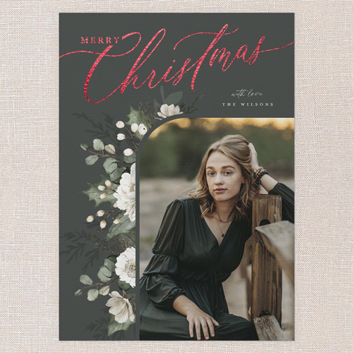 Botanical Elegance Holiday Card, Green, Red Foil, 5x7 Flat, Christmas, Matte, Signature Smooth Cardstock, Square, Evergreen