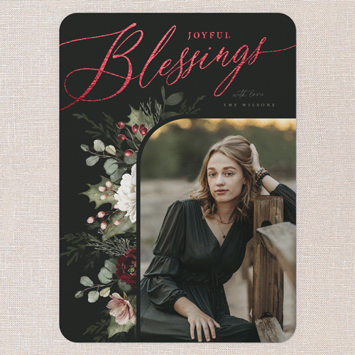 Botanical Elegance Holiday Card, Black, Red Foil, 5x7 Flat, Religious, Pearl Shimmer Cardstock, Rounded, Black