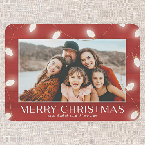 Classic String Lights Holiday Card, Red, 5x7 Flat, Christmas, Pearl Shimmer Cardstock, Rounded, Red