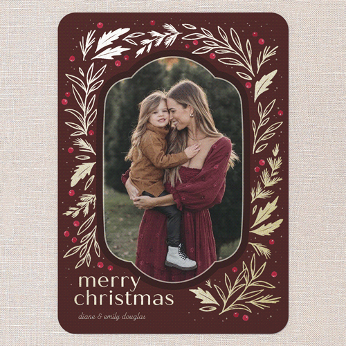 Foliage Framing Holiday Card, Gold Foil, Red, 5x7 Flat, Christmas, Pearl Shimmer Cardstock, Rounded, Cranberry