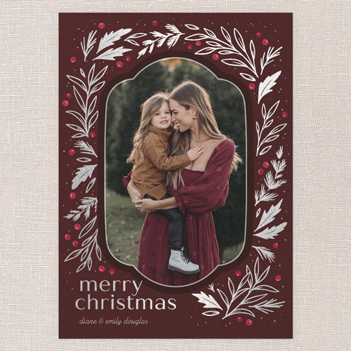 Foliage Framing Holiday Card, Red, Silver Foil, 5x7 Flat, Christmas, Pearl Shimmer Cardstock, Square, Cranberry