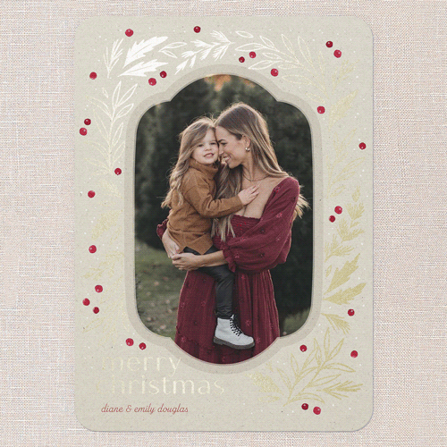Foliage Framing Holiday Card, Gold Foil, Beige, 5x7 Flat, Christmas, Pearl Shimmer Cardstock, Rounded, Sandstone