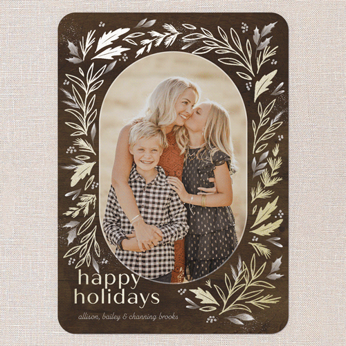 Frosty Evergreen Charm Holiday Card, Gold Foil, Brown, 5x7 Flat, Holiday, Matte, Signature Smooth Cardstock, Rounded, Chocolate