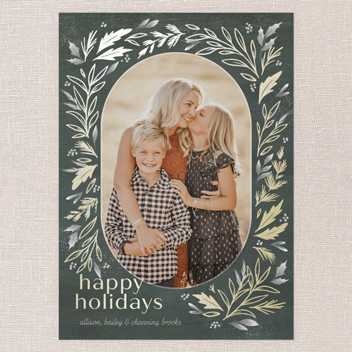 Frosty Evergreen Charm Holiday Card, Gold Foil, Green, 5x7 Flat, Holiday, Pearl Shimmer Cardstock, Square, Pine