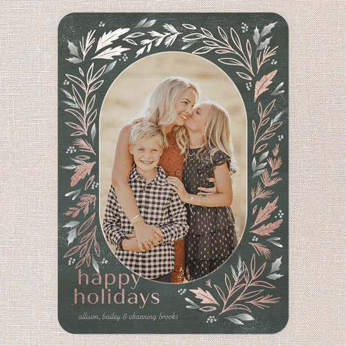 Frosty Evergreen Charm Holiday Card, Rose Gold Foil, Green, 5x7 Flat, Holiday, Pearl Shimmer Cardstock, Rounded, Pine