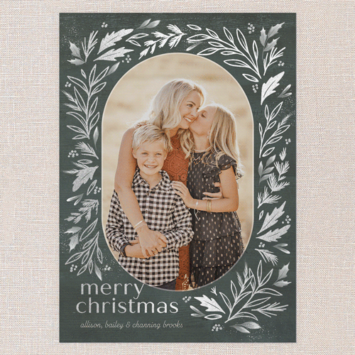 Frosty Evergreen Charm Holiday Card, Silver Foil, Green, 5x7 Flat, Christmas, Luxe Double-Thick Cardstock, Square, Pine