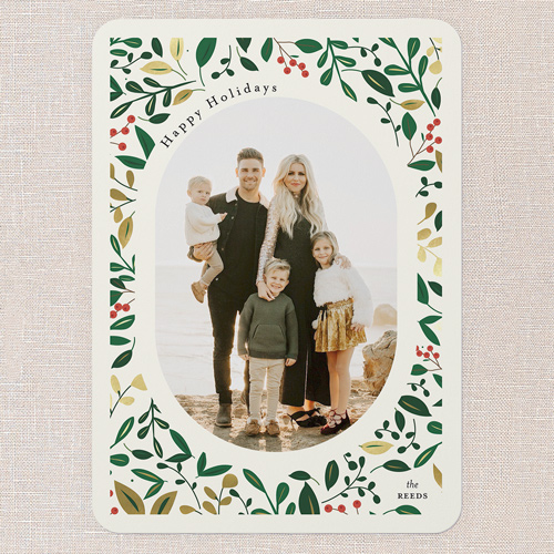 Fond Foliage Holiday Card, Green, 5x7 Flat, Holiday, Pearl Shimmer Cardstock, Rounded