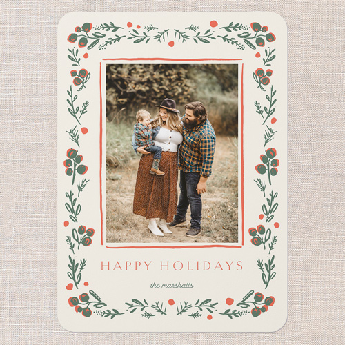 Handcrafted Holly Holiday Card, Beige, 5x7 Flat, Holiday, Pearl Shimmer Cardstock, Rounded, Sugar
