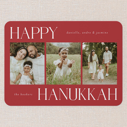 Simplistic Style Holiday Card, Red, 5x7 Flat, Hanukkah, Pearl Shimmer Cardstock, Rounded, Spanish Red
