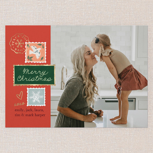 Seasonal Stamps Holiday Card, Red, 5x7 Flat, Christmas, Pearl Shimmer Cardstock, Square