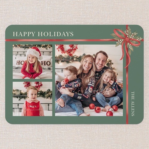 Classic Bow Holiday Card, Green, 5x7 Flat, Holiday, 100% Recycled Cardstock , Rounded, Avocado