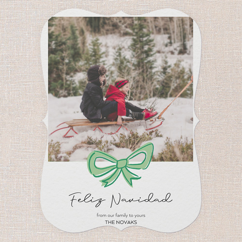 Joyful Bow Tidings Holiday Card, Green, 5x7 Flat, Feliz Navidad, Pearl Shimmer Cardstock, Bracket