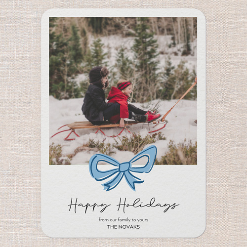 Joyful Bow Tidings Holiday Card, Blue, 5x7 Flat, Holiday, Pearl Shimmer Cardstock, Rounded, Blue