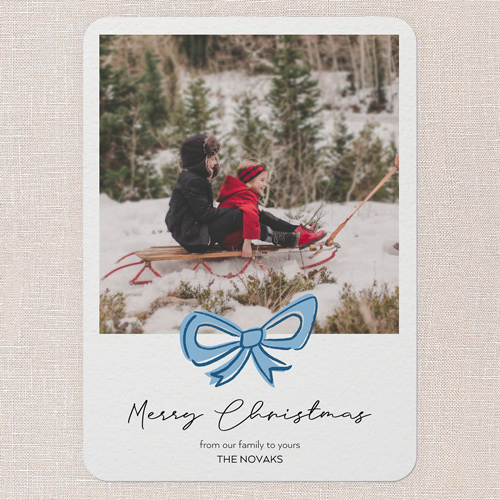 Joyful Bow Tidings Holiday Card, Blue, 5x7 Flat, Christmas, 100% Recycled Cardstock , Rounded, Blue