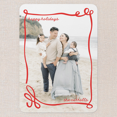 Joyful Ribbon Flourish Holiday Card, Red, 5x7 Flat, Write Your Own, Pearl Shimmer Cardstock, Rounded, Red