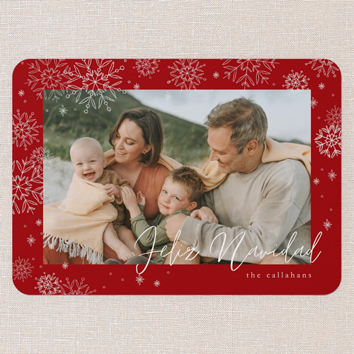 Faint Snowflakes Holiday Card, Red, 5x7 Flat, Feliz Navidad, Pearl Shimmer Cardstock, Rounded, Red
