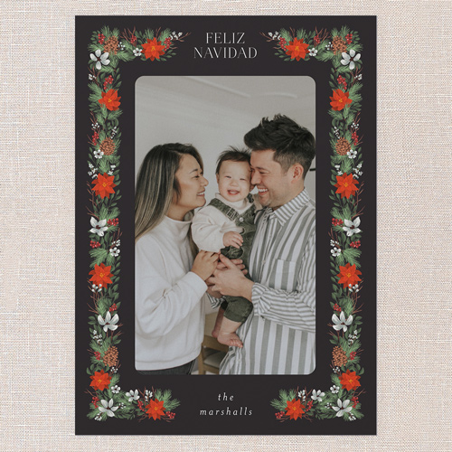 Winter Botanical Border Holiday Card, Black, 5x7 Flat, Feliz Navidad, Standard Smooth Cardstock, Square, Black