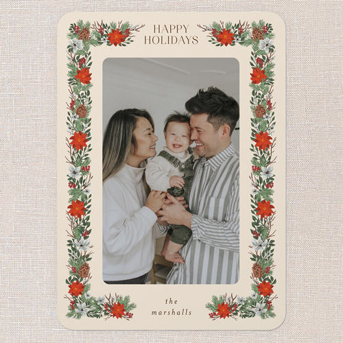 Winter Botanical Border Holiday Card, White, 5x7 Flat, Holiday, Standard Smooth Cardstock, Rounded, Almond
