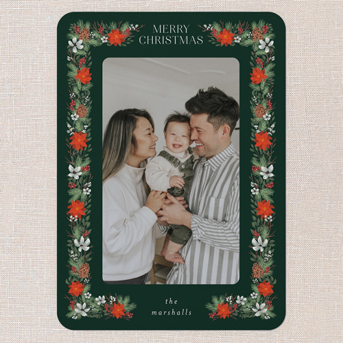 Winter Botanical Border Holiday Card, Green, 5x7 Flat, Christmas, 100% Recycled Cardstock , Rounded, Spruce