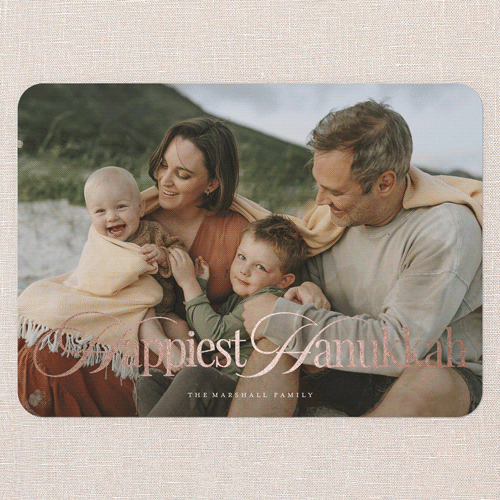 Classic Luxe Holiday Card, White, Rose Gold Foil, 5x7 Flat, Hanukkah, Pearl Shimmer Cardstock, Rounded, White