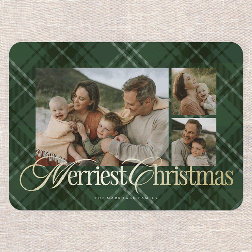 Classic Plaid Shine Holiday Card, Green, Gold Foil, 5x7 Flat, Christmas, Pearl Shimmer Cardstock, Rounded, Green