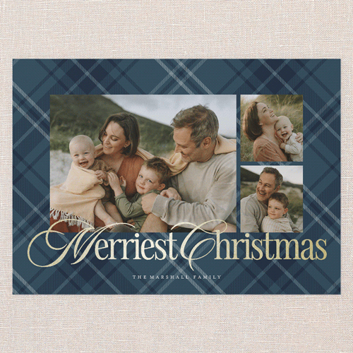 Classic Plaid Shine Holiday Card, Blue, Gold Foil, 5x7 Flat, Christmas, Pearl Shimmer Cardstock, Square, Blue