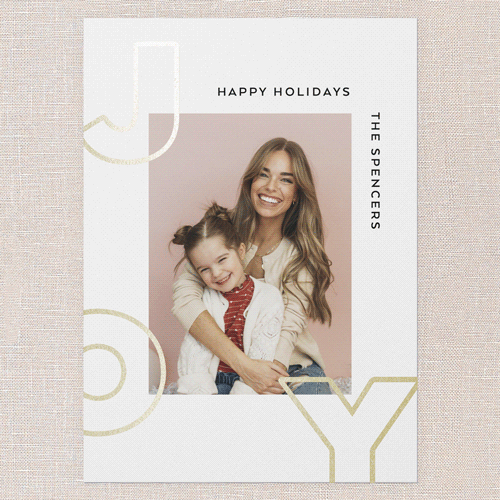 Modern Joyful Cheer Holiday Card, Pink, Gold Foil, 5x7 Flat, Write Your Own, Pearl Shimmer Cardstock, Square, Blush