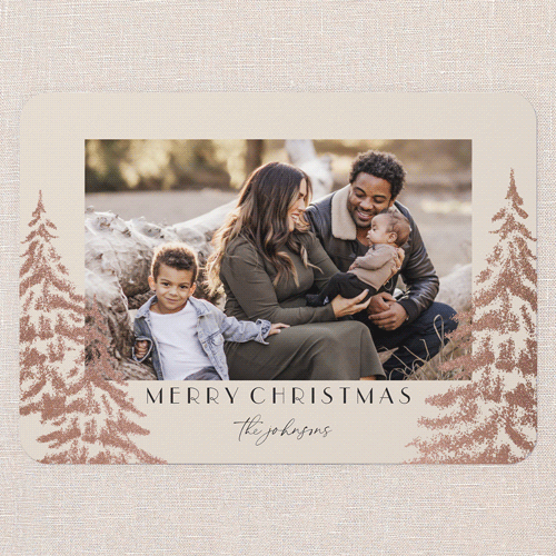 Peaceful Pine Prints Holiday Card, Pink, Rose Gold Foil, 5x7 Flat, Write Your Own, Pearl Shimmer Cardstock, Rounded, Blush