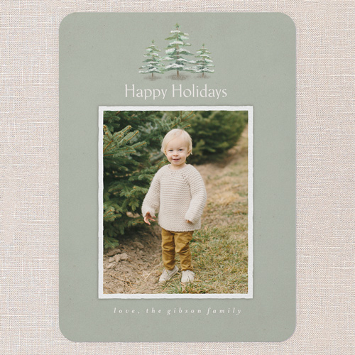 Snowcapped Trees Holiday Card, Green, 5x7 Flat, Holiday, Pearl Shimmer Cardstock, Rounded