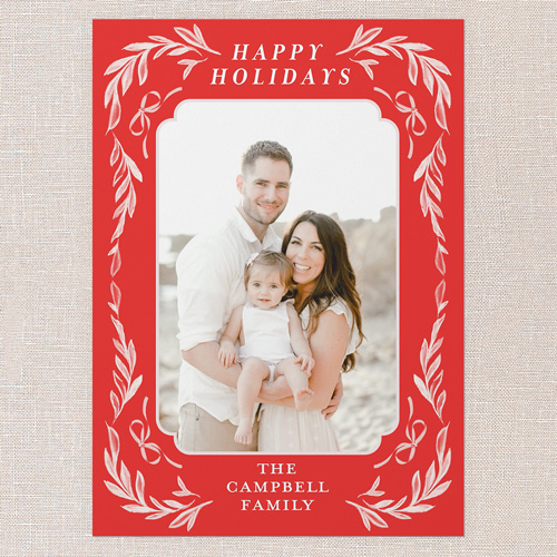 Floral Bow Border Holiday Card, Red, 5x7 Flat, Write Your Own, Matte, Signature Smooth Cardstock, Square